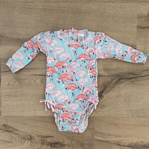Ruffle Butts Flamingo Print Swimsuit - Pink and Blue